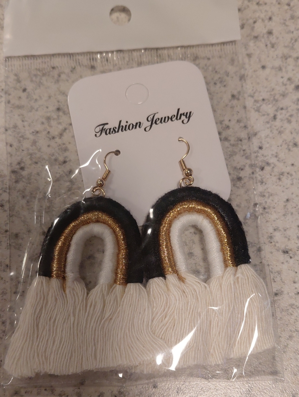 Fashion Jewelry Black, Gold & Cream Rainbow Fringe Earrings